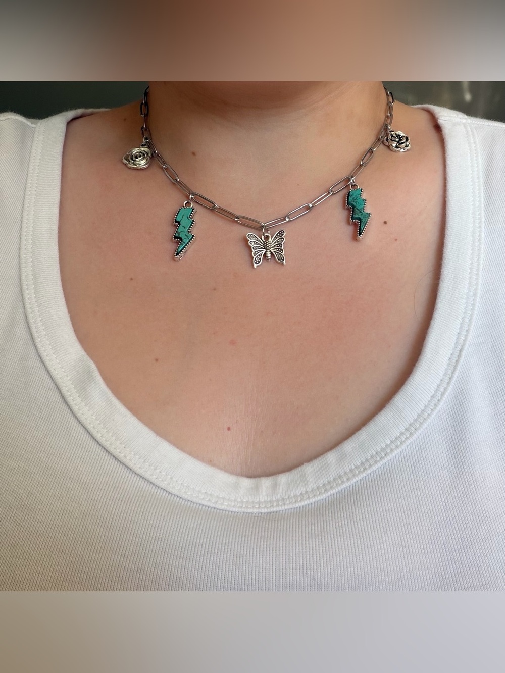 Boho Butterfly Turquoise Lightning Necklace Silver Paperclip Chain Y2K Handmade